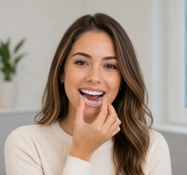 Young woman holding Invisalign clear aligners at Southern Pines Family Dental